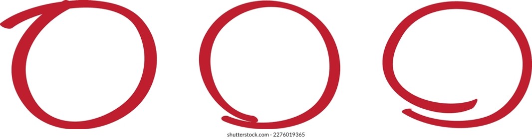 Roter Kreis Set, Stift zeichnen. Markieren Sie den handgezeichneten Kreis einzeln auf Hintergrund. Handgeschriebener roter Kreis. Zur Kennzeichnung von Text, Zahlen, Markierstift, Stift, Logo und Text, Vektorgrafik