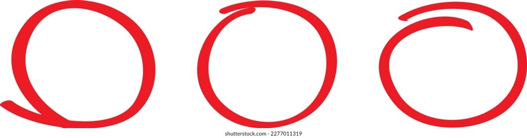 Red circle set, pen draw. Highlight hand drawing circle isolated on background. Handwritten red circle. For marking text, numbers, marker pen, pencil, logo and text check, vector illustration