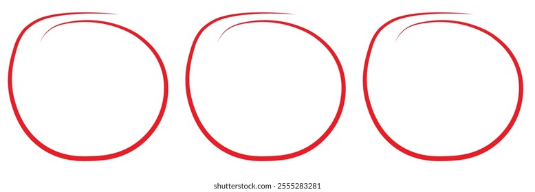 Red circle set, pen draw. Highlight hand drawing circle isolated on background. Handwritten red circle. For marking text, numbers, marker pen, pencil vector design eps 10 