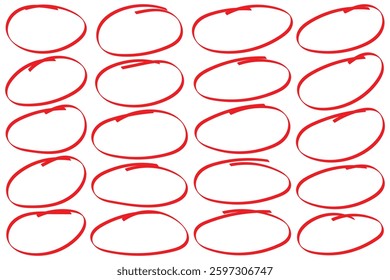Red circle set, pen draw. Modern black brush circles. Brush drawn ellipses, ovals and bubbles to circle and highlight text. For marking text, numbers, marker pen. Red highlighter circle vector.