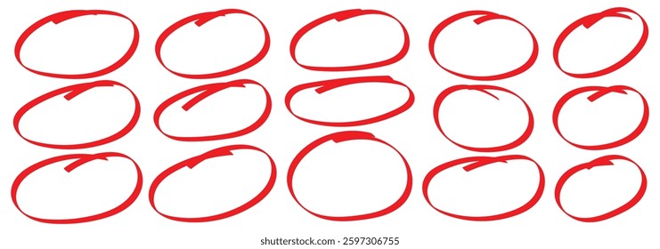 Red circle set, pen draw. Modern black brush circles. Brush drawn ellipses, ovals and bubbles to circle and highlight text. For marking text, numbers, marker pen. Red highlighter circle vector.