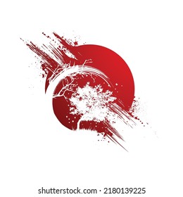 Red circle silhouette with diagonal scratched lines and broken line. Asian sun abstract symbol with grunge ink blots outline