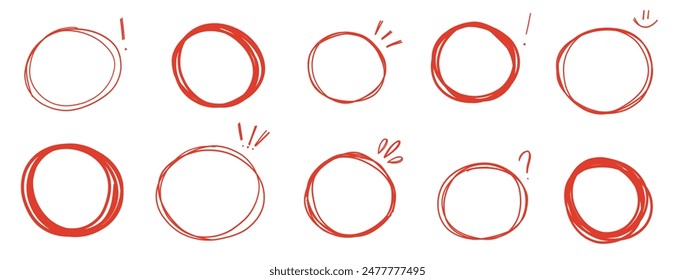 Red circle speech bubble, oval checkmark doodle comic set heart, arrow, highlight underline text vector cute minimalist simple illustration.