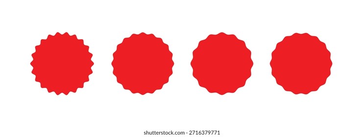 Roter Kreis-Stern mit wellenförmiger Kante. Starburst Form Tags für Preis, Verkauf, Rabatt. Einfache Silhouettenkunst einzeln auf weißem Hintergrund.
