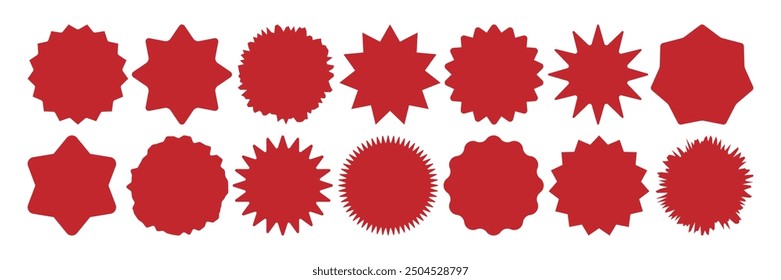 Conjunto de pegatinas Red Circle Starburst. Zigzag Formas redondas de borde ondulado para etiqueta de insignia. Colección de icono de silueta en blanco simple. Plantilla para la venta de promoción descuento oferta especial diseño de Cupón