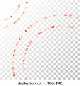 Red Circle Stars Confetti Lines on Transparent Background. Invitation Background. Banner, Greeting Card, Christmas and New Year card, Postcard, Packaging, Textile Print. Beautiful Starry Sky