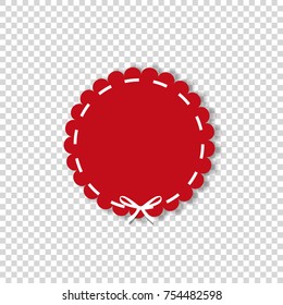Red circle sticker or label wrapped with white ribbon. Vector icon  with empty space for text isolated on transparent background. Element for design, clip art.