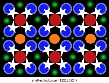 The red circle is surrounded by a blue circle that is merged with the white star. Each figure is tied together. Add a circle of orange and green to create more colorful. The background is black.