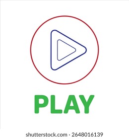 Red circle surrounds a blue play button icon with green text below.