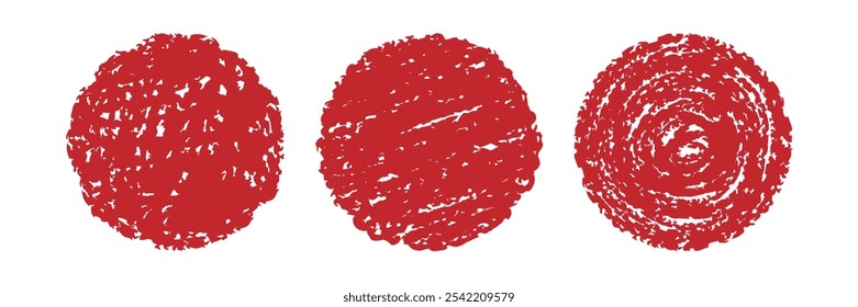 Red Circle textured stamp set. Round crayon chalk vector shape isolated on white. Collection of grunge textured badge, seal, price tag, promo label template. Vector illustration