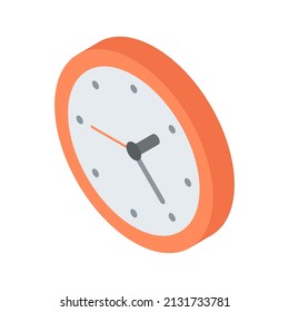 Red circle wall watch with arrows isometric vector illustration. Rounded clock for time checking hanging indoor at home office isolated. Minutes, hours and seconds accuracy measure