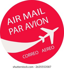 The red circle with a white airplane illustration and dynamic tail trails, indicates that this is a label for international air shipping
