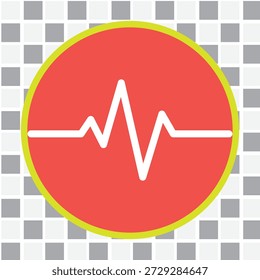 Red circle with white ecg line and yellow border on gray and white checkered background