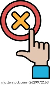 A red circle with an X in it and a hand pointing to it. Concept of disapproval or rejection