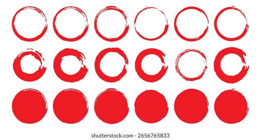 Círculos vermelhos. Círculo vermelho em estilo grunge sobre fundo branco. Símbolo da bandeira japonesa do sol nascente. ilustração vetorial.