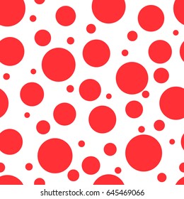 Red Circles of Different Sizes on White Background, Seamless Abstract Pattern for Fabric and Wrapping Paper, Polka Dot, Vector Illustration 