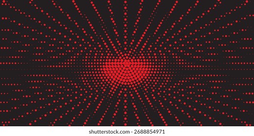 Círculos vermelhos, pontos em fundo preto, meio-tom. Disco. Minimalismo, vetor. Fundo para cartazes, sites, cartões de visita, cartões postais, design de interiores.