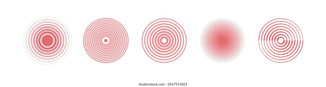 Red circles for marking human pain. Red rings. Pain place, localization sign and pain spots. Throbbing pain symbol on the body and joints
