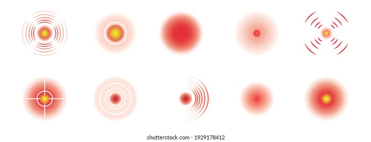 Círculos rojos de dolor o dolor de iconos de localización. Conjunto de marcas de puntos dolorosas para el cuerpo. Dolor en diferentes partes del cuerpo humano
