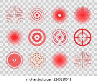 Red circles of pain isolated on transparent background. Designation of pain, symbol of pain on the body and joints.