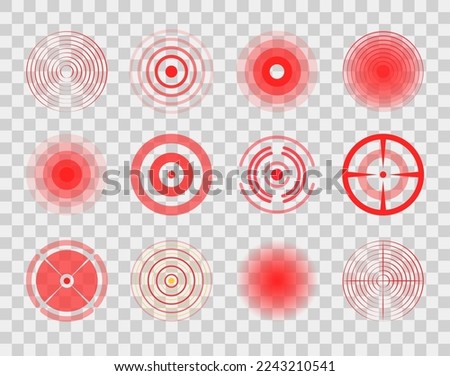Red circles of pain isolated on transparent background. Designation of pain, symbol of pain on the body and joints.