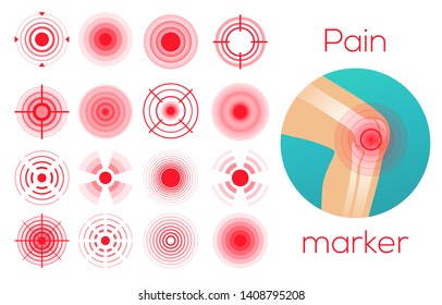 Red circles set, pain place symbol, sore localization marks, aching place sign, design elements for medicine and pain killers advertisement, vector illustration