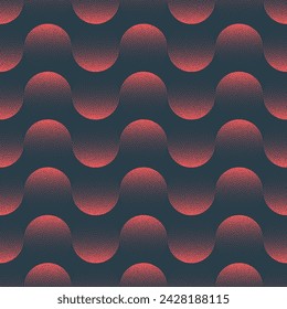 Red Circles Wavy Structure Seamless Pattern Trend Vector Abstract Background. Half Tone Art Illustration for Elegant Textile Print. Endless Graphic Rhythmic Abstraction Wallpaper Dot Work Texture