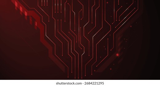 Diseño de Tablero Red Circuit: Una llamativa representación digital de una placa de circuito roja, representada con detalles meticulosos sobre un fondo oscuro, perfecta para diseños de temática tecnológica.