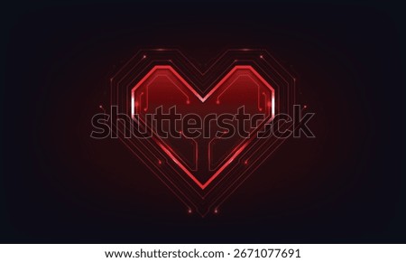 Red circuit board in heart shape with glowing lines, symbolizing digital love, AI, and the technological heart. Futuristic design. Vector EPS10.