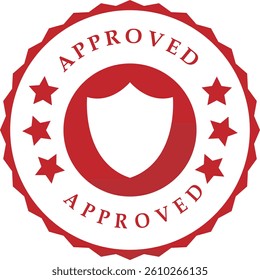  Red Circular Approval Stamp with Shield Icon Bold Typography and Quality Assurance Design