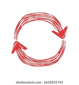 Red circular arrow symbol representing rotation, recycling, or repeat concept in a sketch style with dynamic lines