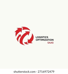 Logotipo de setas circulares vermelhas representando logística e otimização. Texto SAAS de Otimização de Logística ao lado dele. Fundo branco. Solução tecnológica.