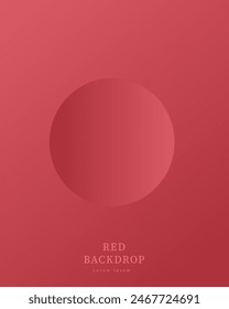 Red circular backdrop design. Minimalistic product display set. Trendy color geometric background with copy space. Top view scene of podium. Vector illustration