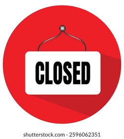 Red circular background, hanging sign, black bold text "CLOSED", white rectangular sign, minimalist design, flat graphic style, simple illustration.
