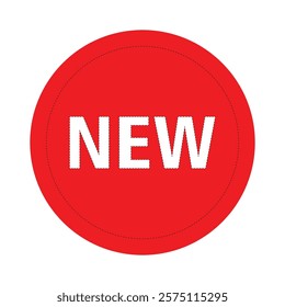 Red circular badge, white bold text, "NEW" typography, minimalist design, product label, attention-grabbing, promotional sticker, vibrant color, simple graphic.