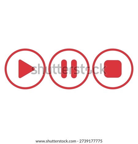 Red circular buttons for play, pause, and stop functions on a white background