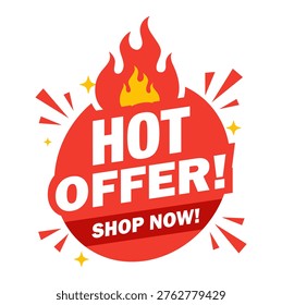 Red circular e-commerce promotional badge featuring a top flame icon, burst accents, yellow sparkles, and a diagonal ribbon with white text reading HOT OFFER! SHOP NOW! for retail sales.