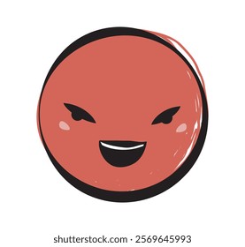 Red circular emoji with a cheerful, mischievous smile and expressive eyes, outlined in black, on a white background. Concept of fun and emotions. Vector illustration