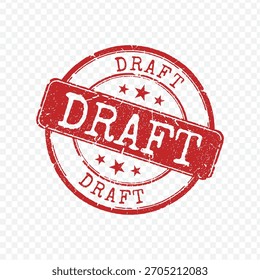 Red circular grunge rubber stamp with bold slanted DRAFT text and stars