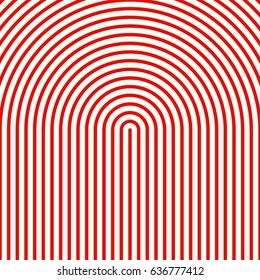 Red circular lines on white background. Striped wallpaper. Surface pattern design with symmetrical linear ornament. Stripes motif. Digital paper with curves for page fills, designing, textile print.