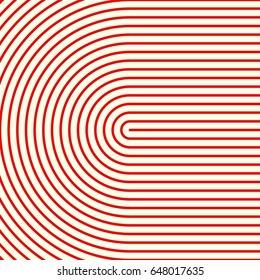 Red circular lines on white background. Striped wallpaper. Surface pattern design with symmetrical linear ornament. Stripes motif. Digital paper with curves for page fills, designing, textile print.