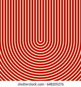 Red circular lines on yellow background. Striped wallpaper. Surface pattern design with symmetrical linear ornament. Stripes motif. Digital paper with curves for page fills, designing, textile print.