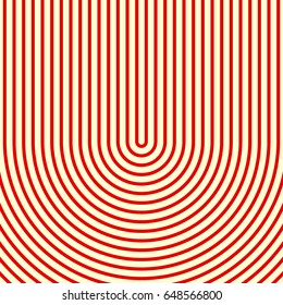Red circular lines on yellow background. Striped wallpaper. Surface pattern design with symmetrical linear ornament. Stripes motif. Digital paper with curves for page fills, designing, textile print.