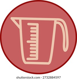 Red circular measurement icon showing a transparent measuring cup with scale marks, representing cooking, baking, liquid volume measurement, kitchen tools, and recipes.