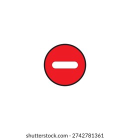 Red circular no entry traffic sign icon with white horizontal bar. Minimalist warning symbol isolated on white background.