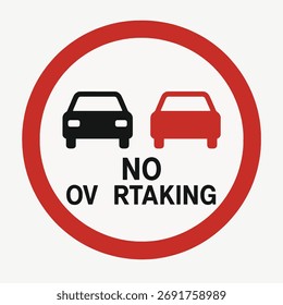 Red circular no overtaking sign with two cars prohibiting passing on roadway