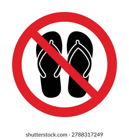 A red circular prohibition sign with a diagonal slash over a pair of black flip-flops, indicating that sandals are not permitted in this area.