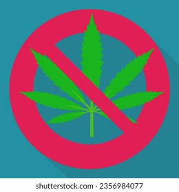 Símbolo rojo de prohibición circular con una hoja de cannabis aislada tachada en un fondo azul con sombra de diseño plano