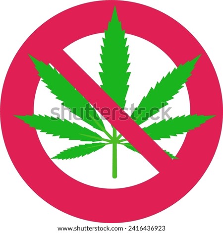Red circular prohibition symbol with an isolated cannabis leaf crossed out in flat design style (cut out)