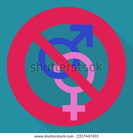 Red circular prohibition symbol with a pink female symbol linked to a blue male symbol of a heterosexual relationship crossed out on a blue background with shadow in flat design style